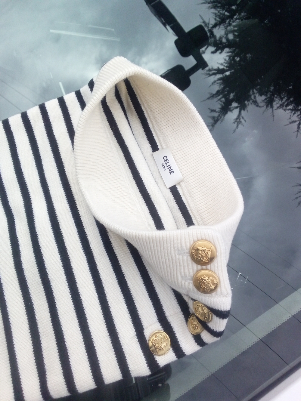 Celine Striped Knit Sweater with Gold Button Details - White/Black